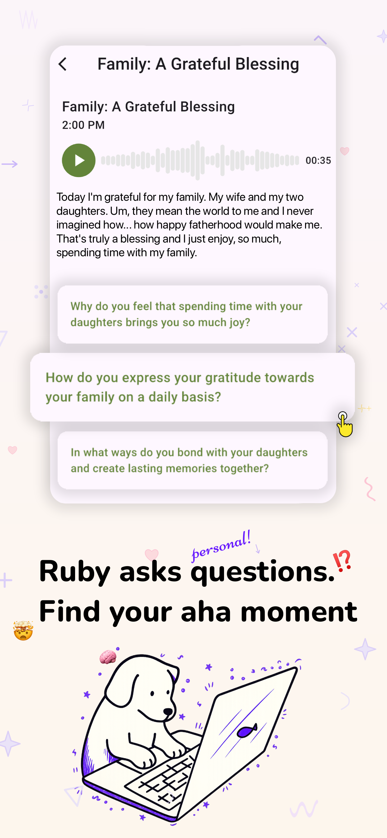 Ruby app screenshot showing personalized follow-up questions after a journal entry.