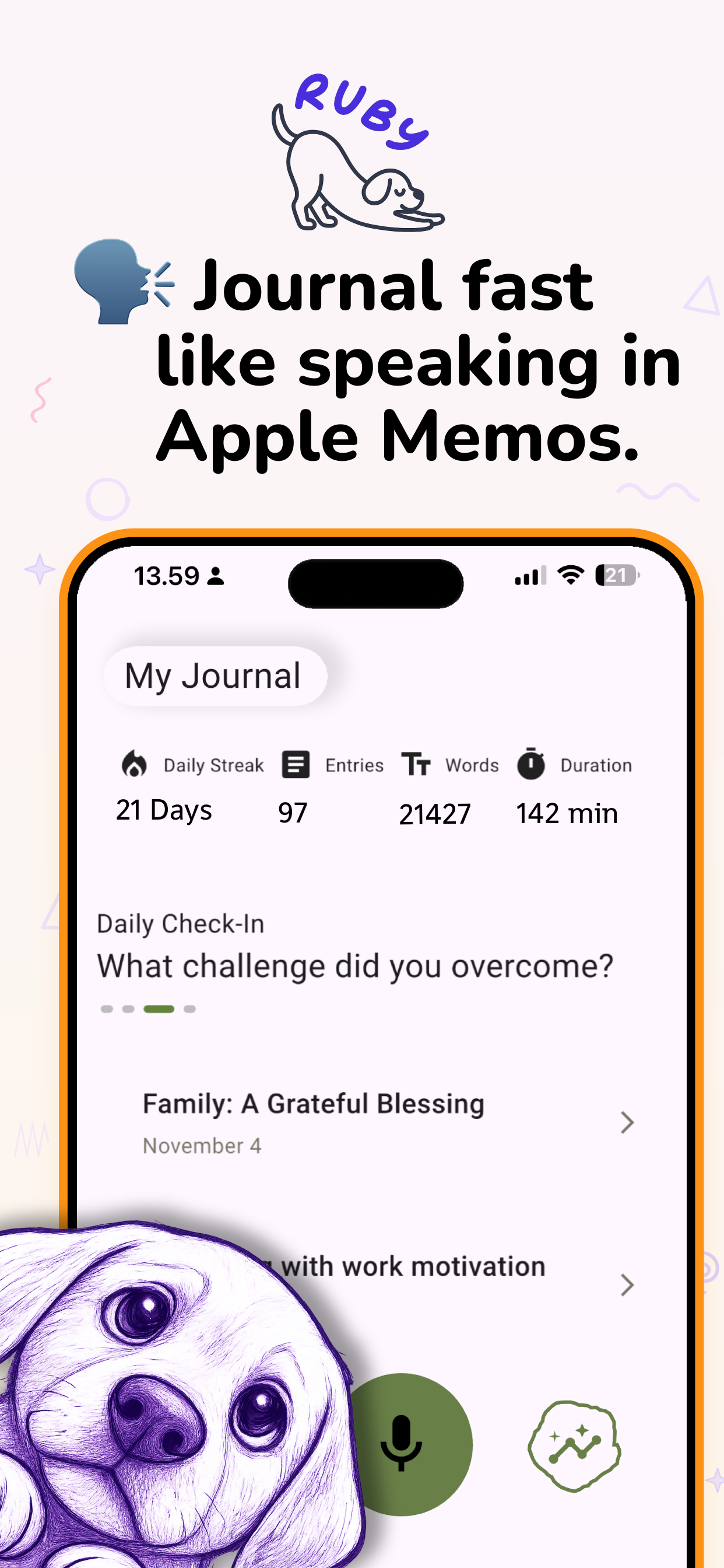 Ruby app screenshot showing the My Journal screen and a voice-first journal fast headline.