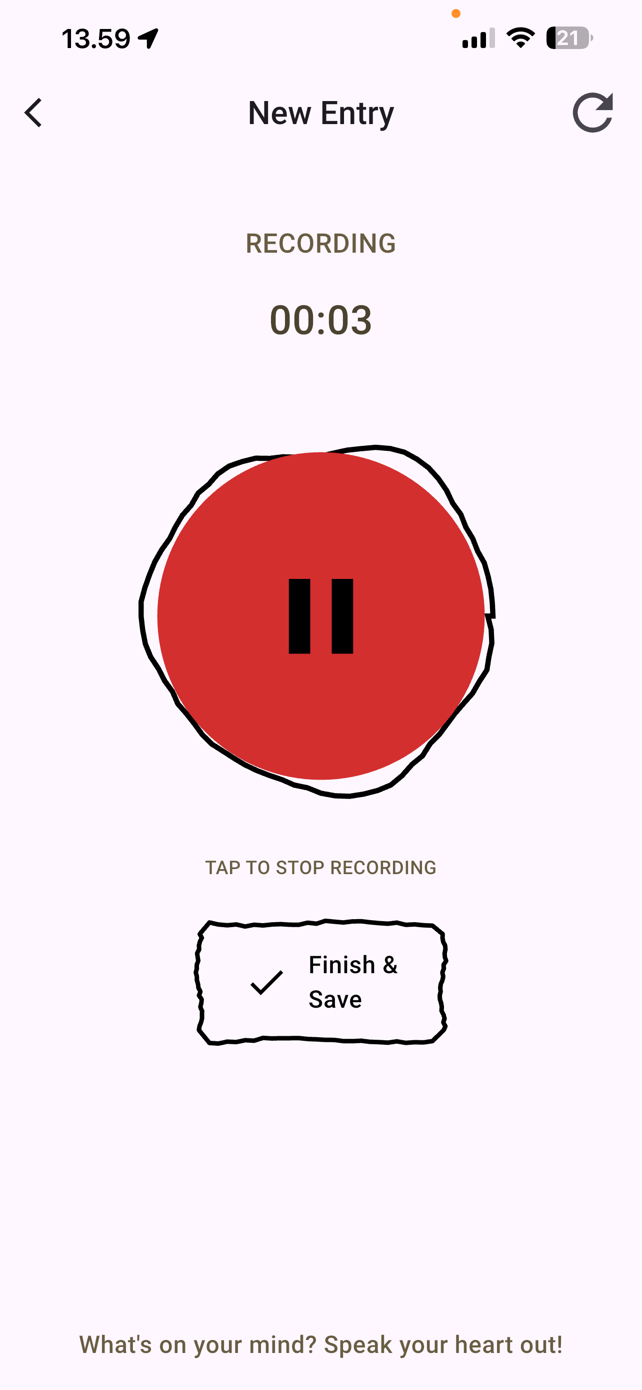 Ruby recording screen with a large red pause button