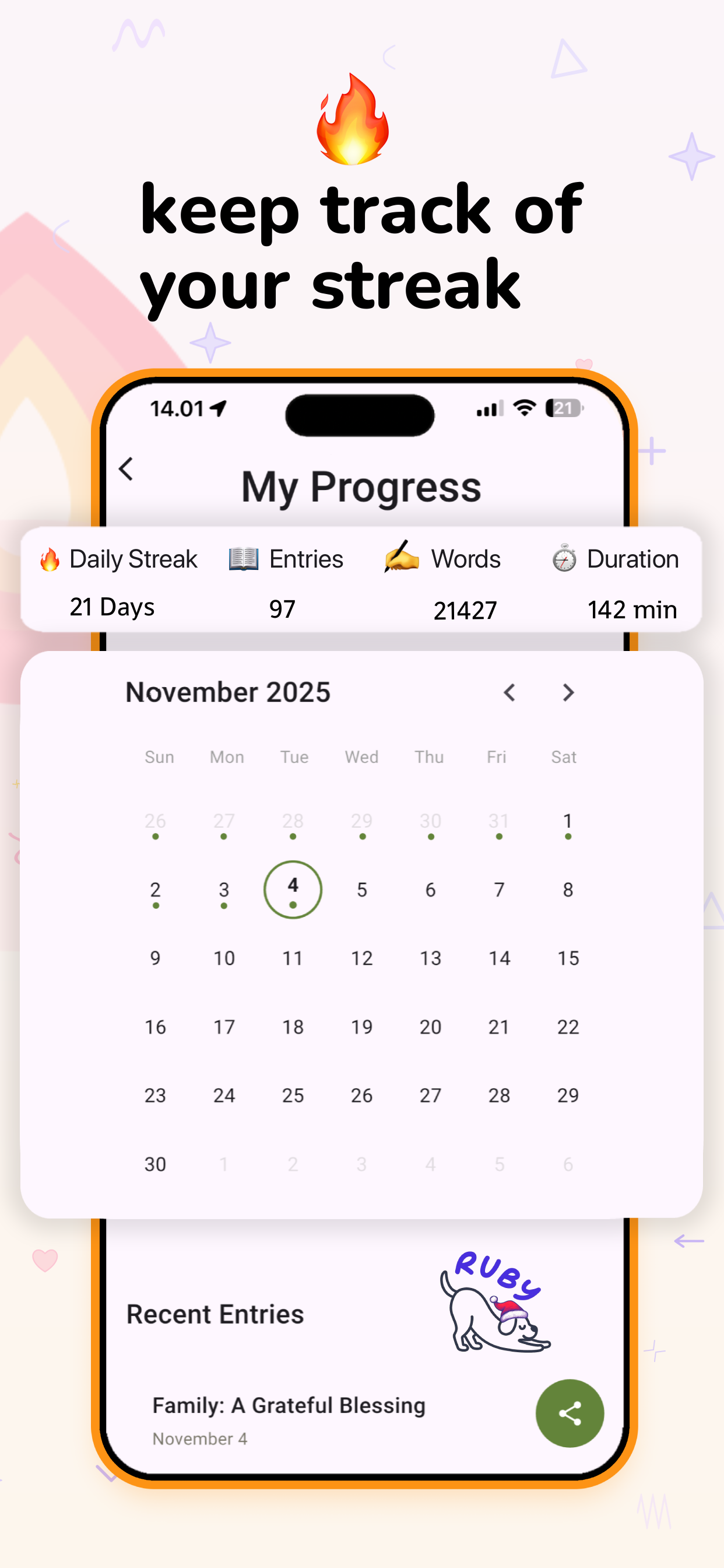 Ruby app screenshot showing progress streaks and journal entries.
