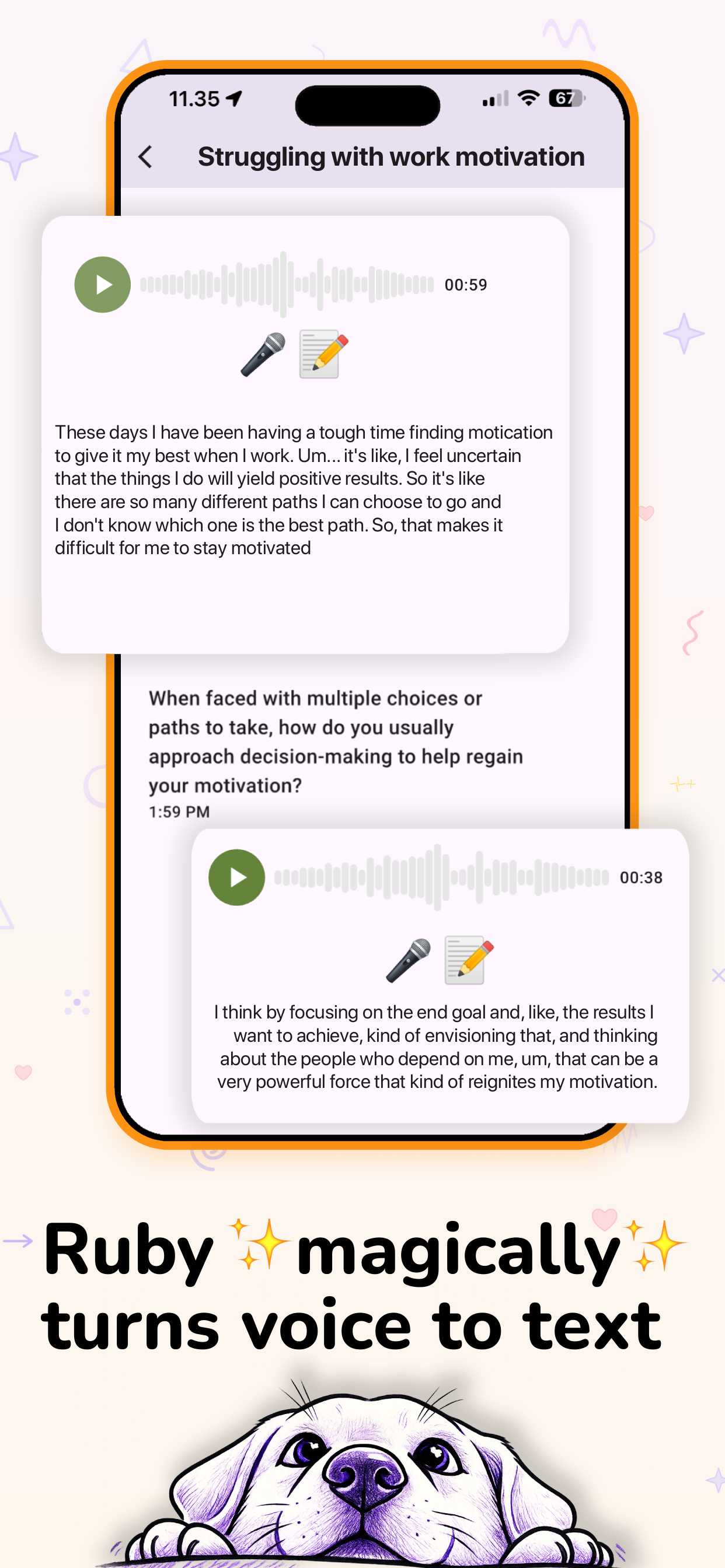 Ruby app screenshot showing a voice recording turned into text and follow-up reflection questions.